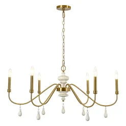 French Country White Wood Brass Iron Candle Chandelier