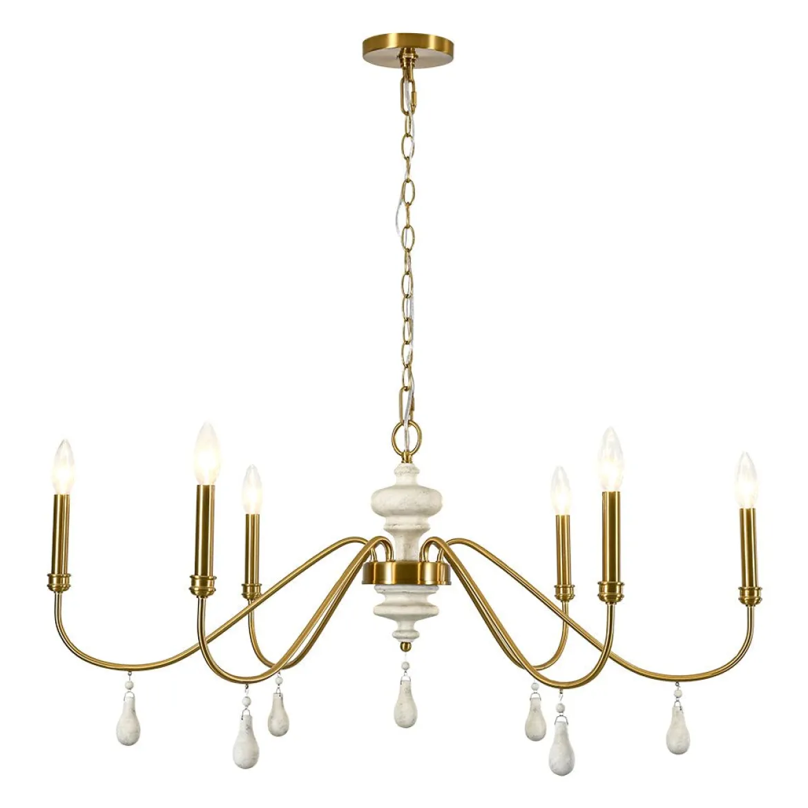 French Country White Wood Brass Iron Candle Chandelier