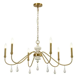French Country White Wood Brass Iron Candle Chandelier