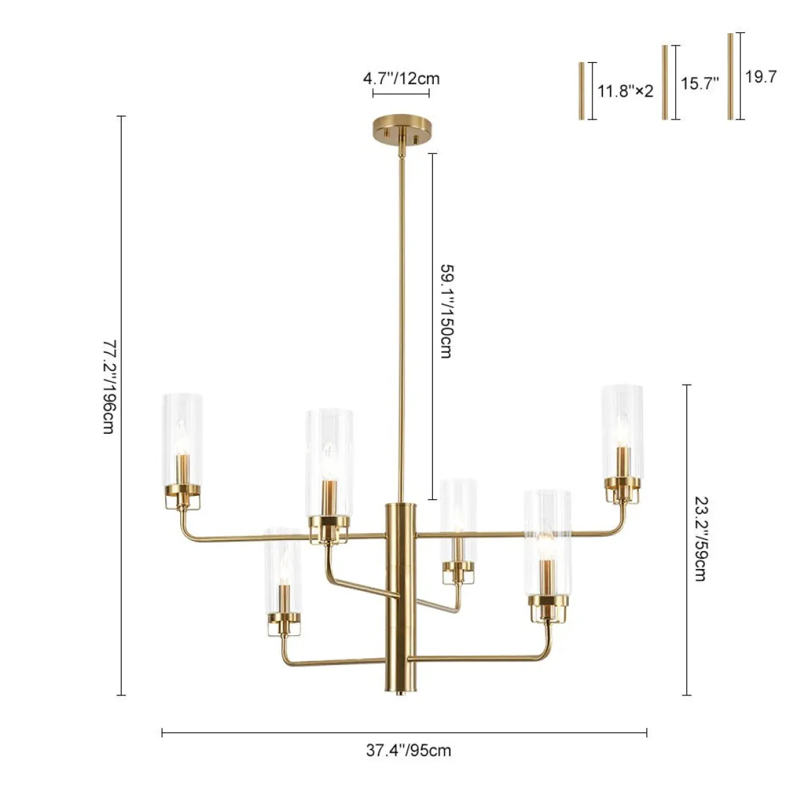 French Cylinder Ribbed Glass Round Tiered Candle Chandelier