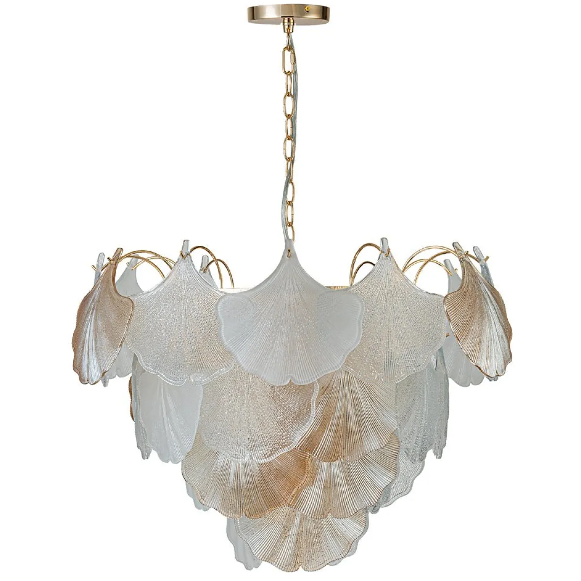 French Gold Layered Ginkgo Leaf Textured Glass Chandelier
