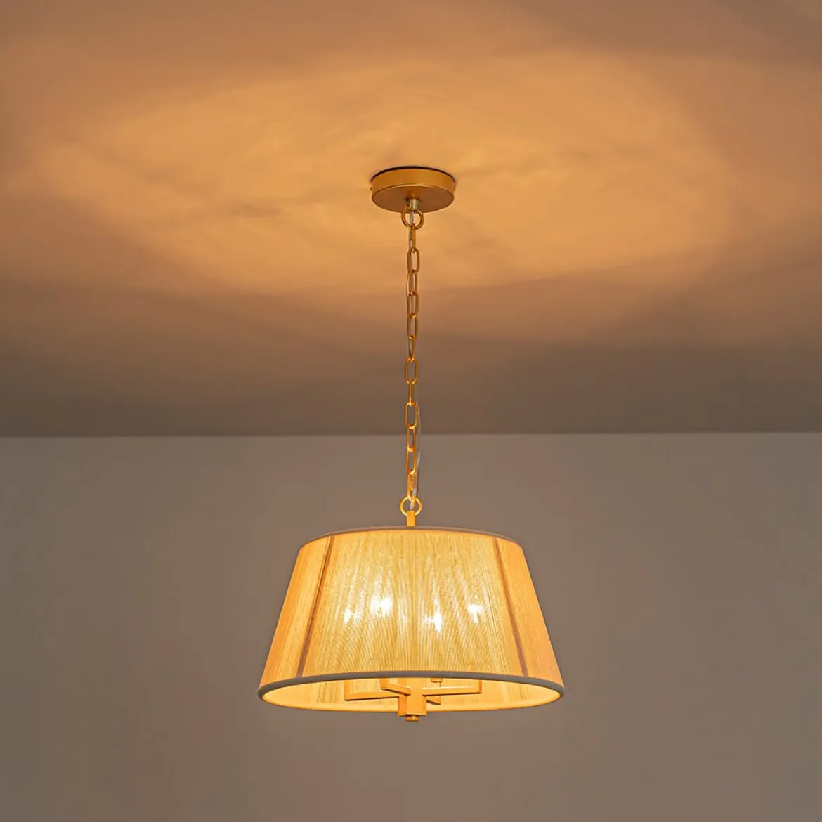 French 4-Light Candle Woven Beige Thread Drum Cage Pendant