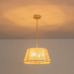 French 4-Light Candle Woven Beige Thread Drum Cage Pendant