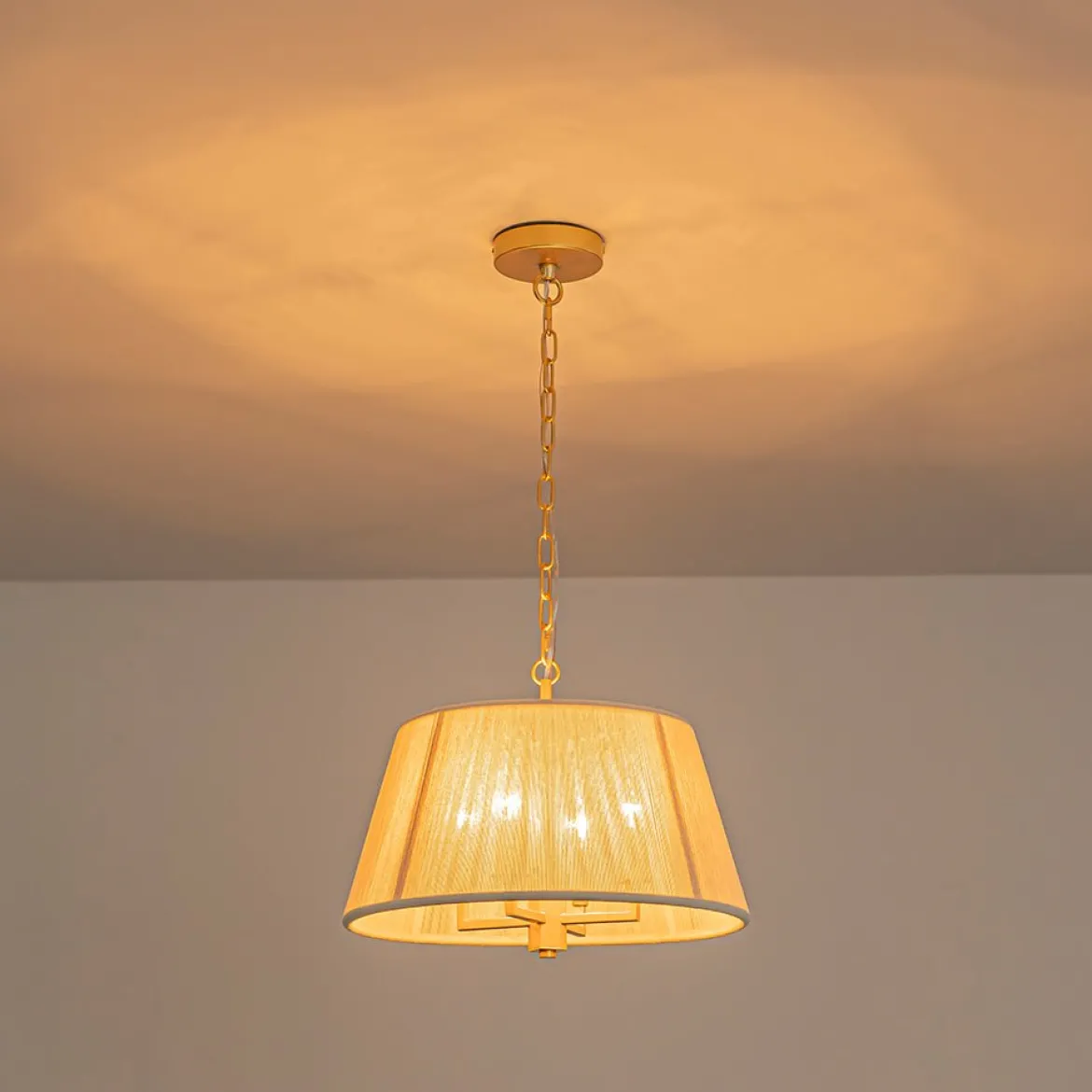 French 4-Light Candle Woven Beige Thread Drum Cage Pendant