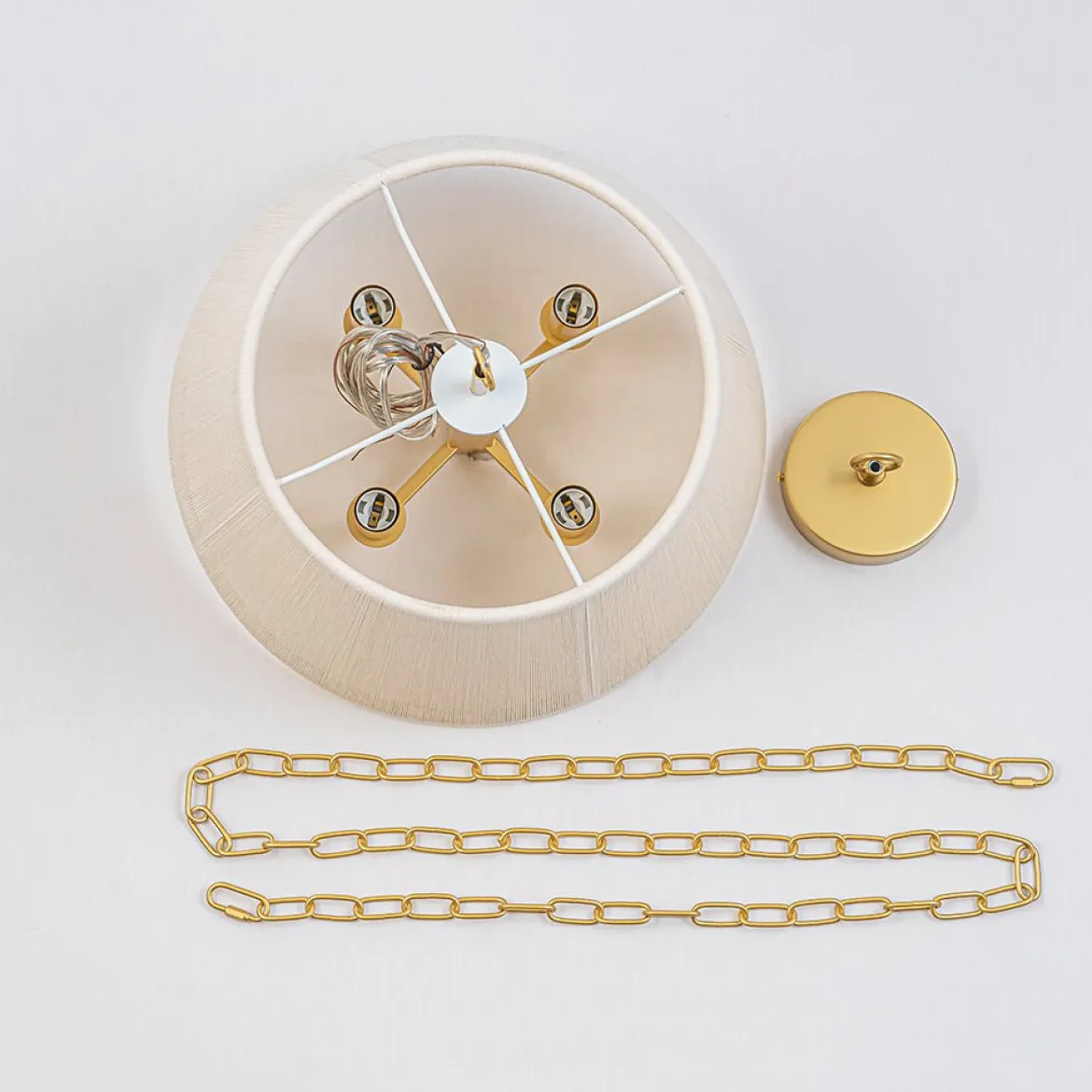 French 4-Light Candle Woven Beige Thread Drum Cage Pendant
