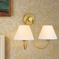 French 2-Light White Linen Conical Vanity Wall Lamp
