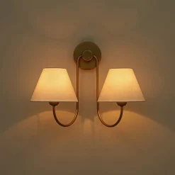 French 2-Light White Linen Conical Vanity Wall Lamp