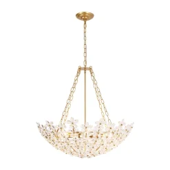 French Luxe Brass Bloom Crystal Floral Basket Chandelier
