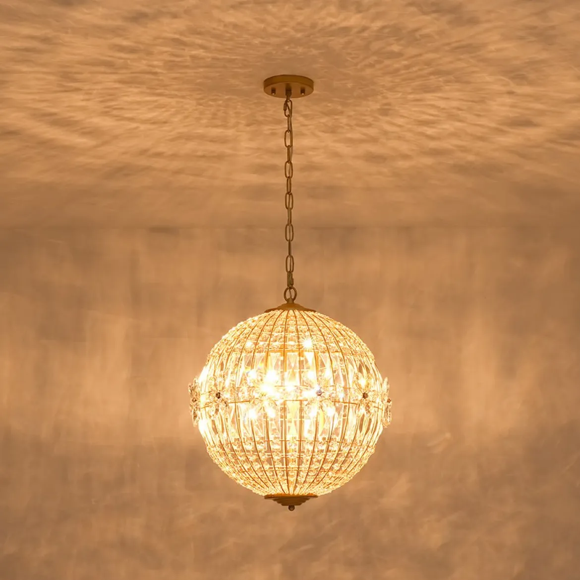 French Luxury Brass Floral Crystal Globe Chandelier