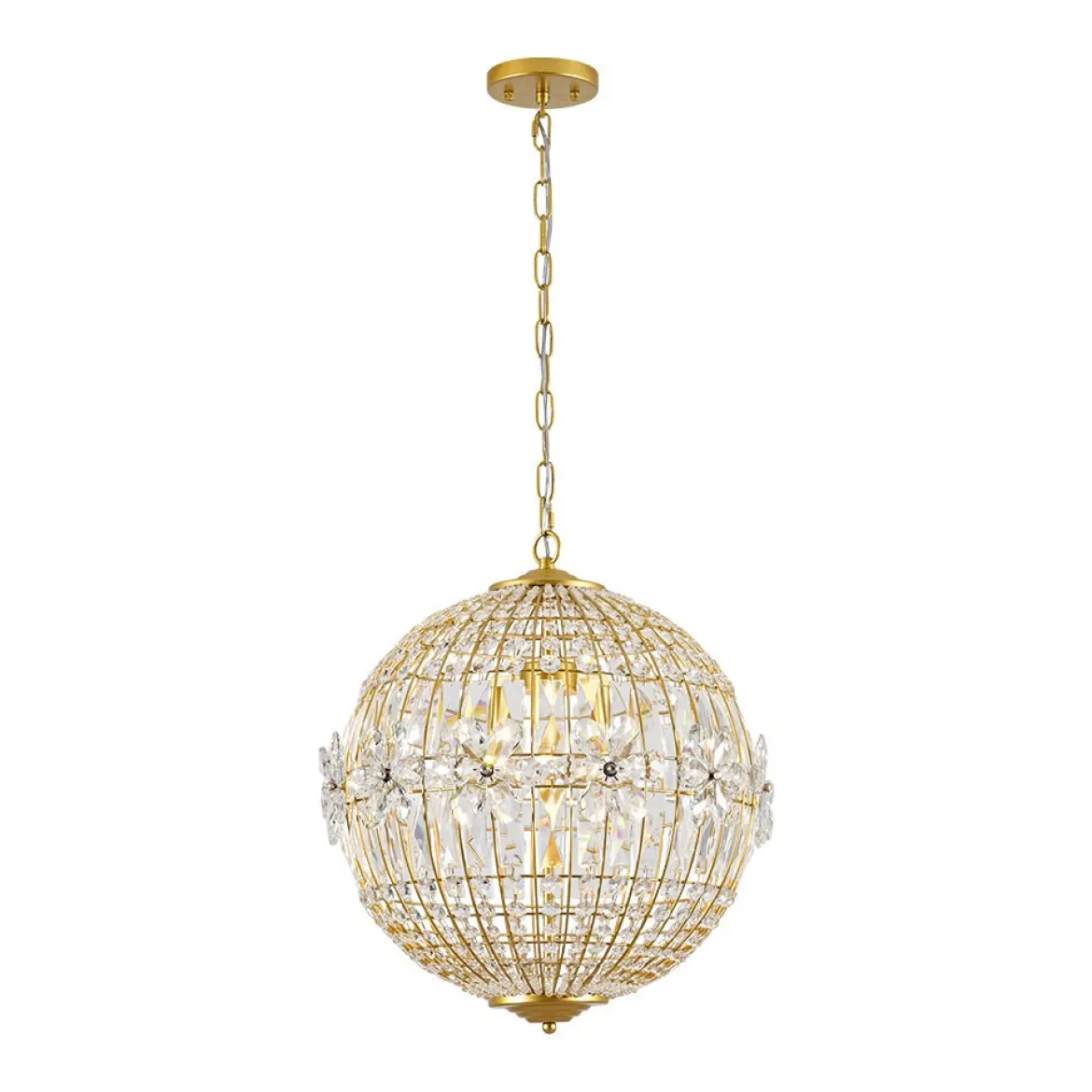 French Luxury Brass Floral Crystal Globe Chandelier