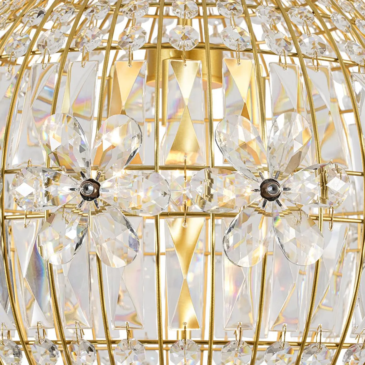 French Luxury Brass Floral Crystal Globe Chandelier
