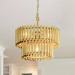 French Luxury Gold 2-Tier Metal Drum Cage Chandelier