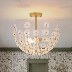 French Sculpture Brass Bloom Glass Floral Semi Flush Mount