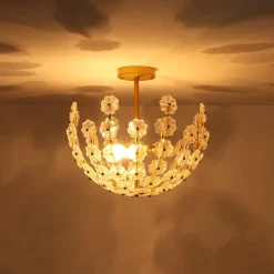 French Sculpture Brass Bloom Glass Floral Semi Flush Mount