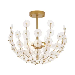 French Sculpture Brass Bloom Glass Floral Semi Flush Mount