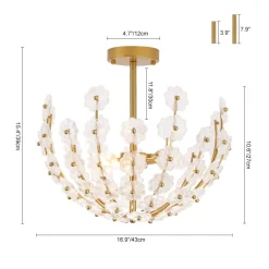 French Sculpture Brass Bloom Glass Floral Semi Flush Mount