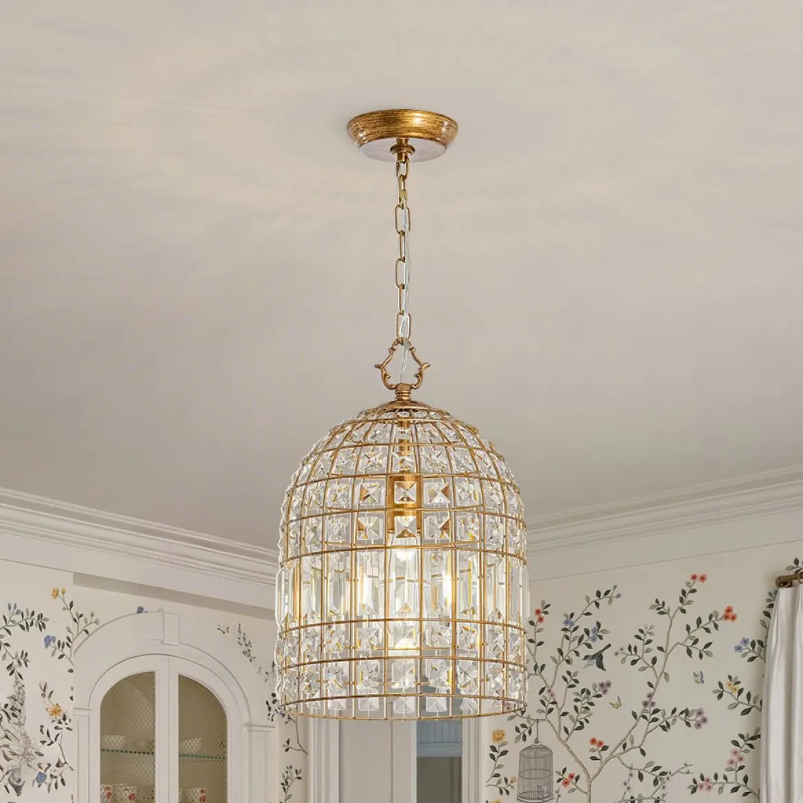 French Shabby Chic Antique Brass Crystal Cage Chandelier