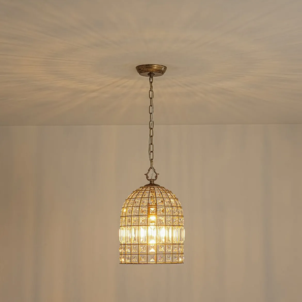 French Shabby Chic Antique Brass Crystal Cage Chandelier