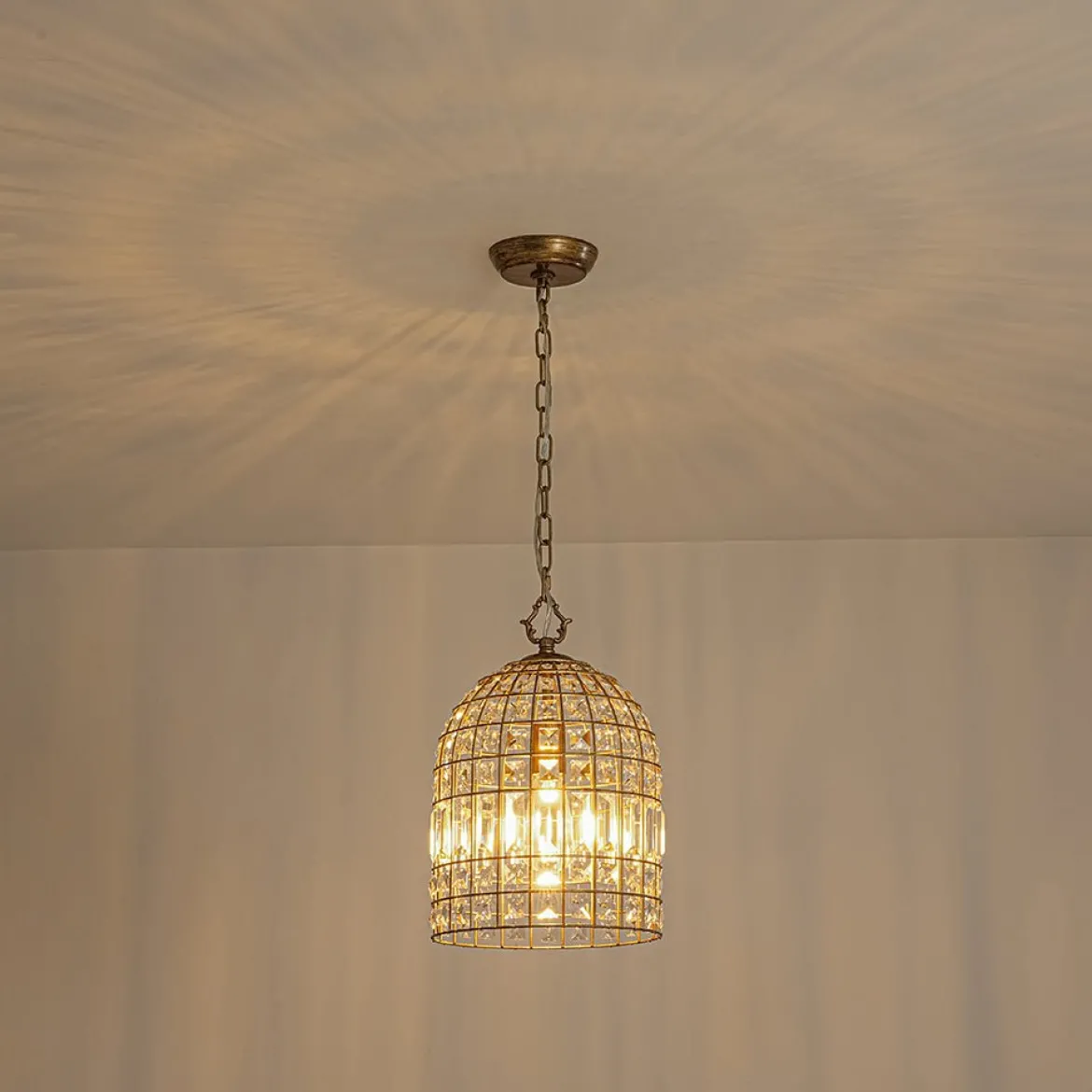 French Shabby Chic Antique Brass Crystal Cage Chandelier