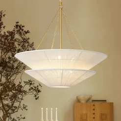 French 2-Tier Beige Woven Thread Cone Round Cage Chandelier