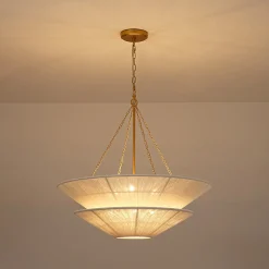 French 2-Tier Beige Woven Thread Cone Round Cage Chandelier