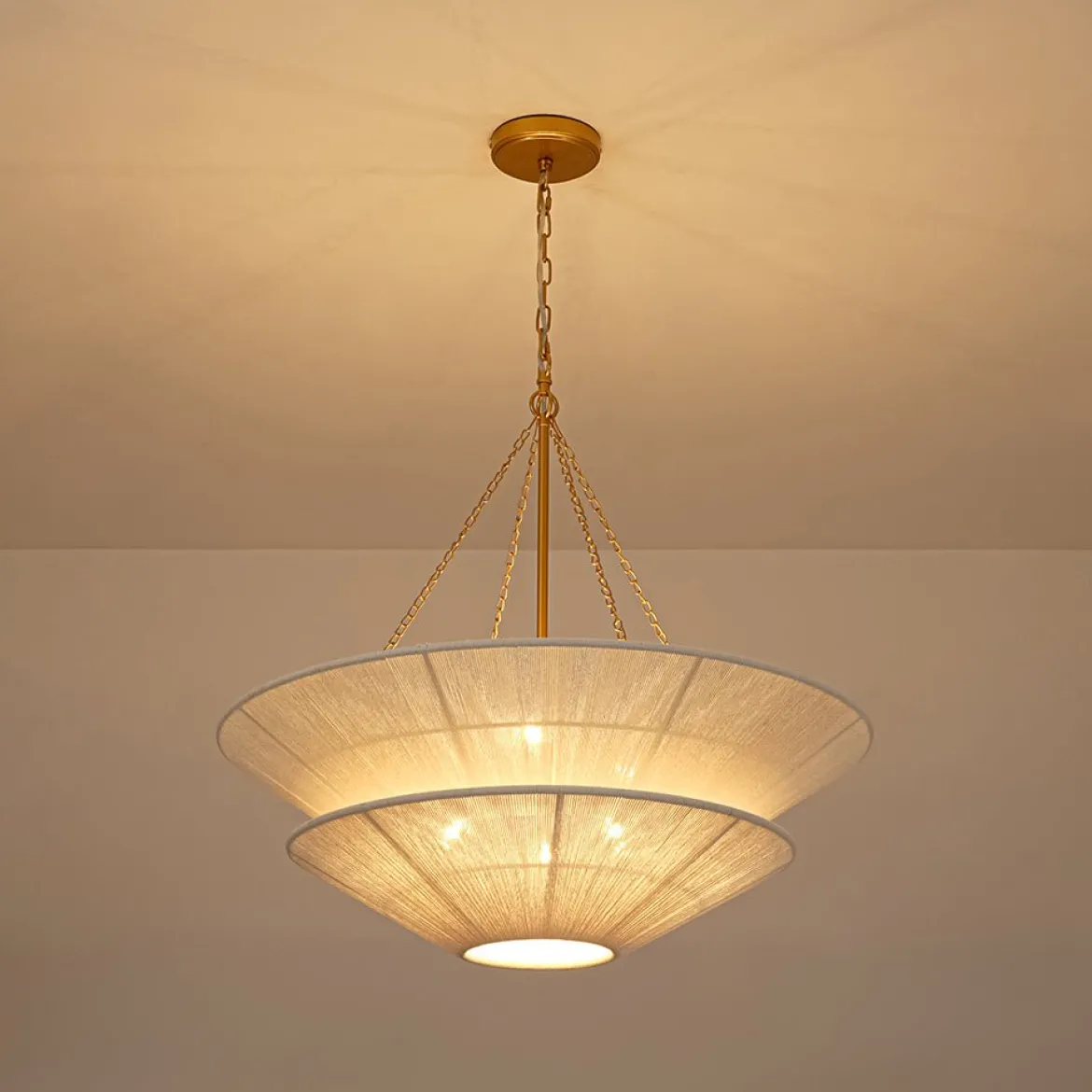 French 2-Tier Beige Woven Thread Cone Round Cage Chandelier