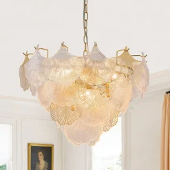 French Tiered Ginkgo Leaf Textured Glass Round Chandelier