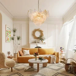French Tiered Ginkgo Leaf Textured Glass Round Chandelier