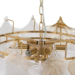 French Tiered Ginkgo Leaf Textured Glass Round Chandelier