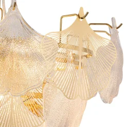 French Tiered Ginkgo Leaf Textured Glass Round Chandelier