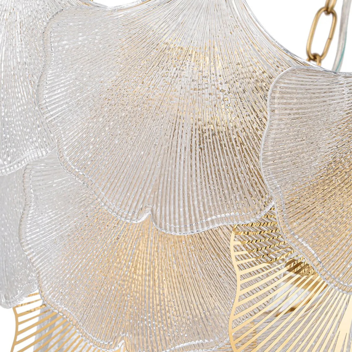 French Tiered Ginkgo Leaf Textured Glass Round Chandelier