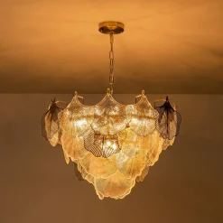 French Tiered Ginkgo Leaf Textured Glass Round Chandelier