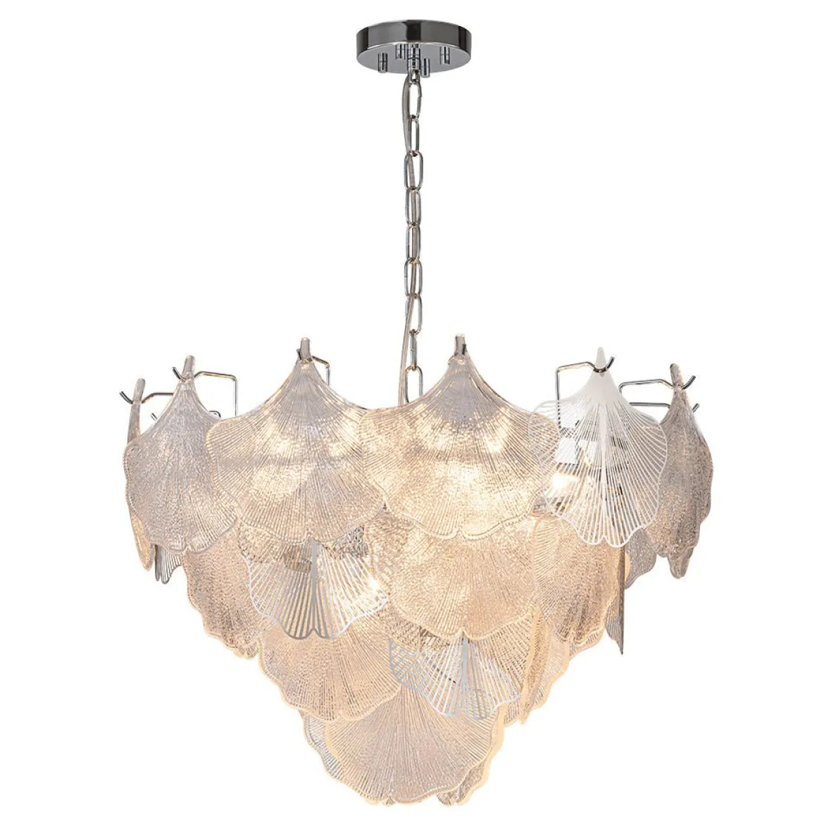 French Tiered Ginkgo Leaf Textured Glass Round Chandelier