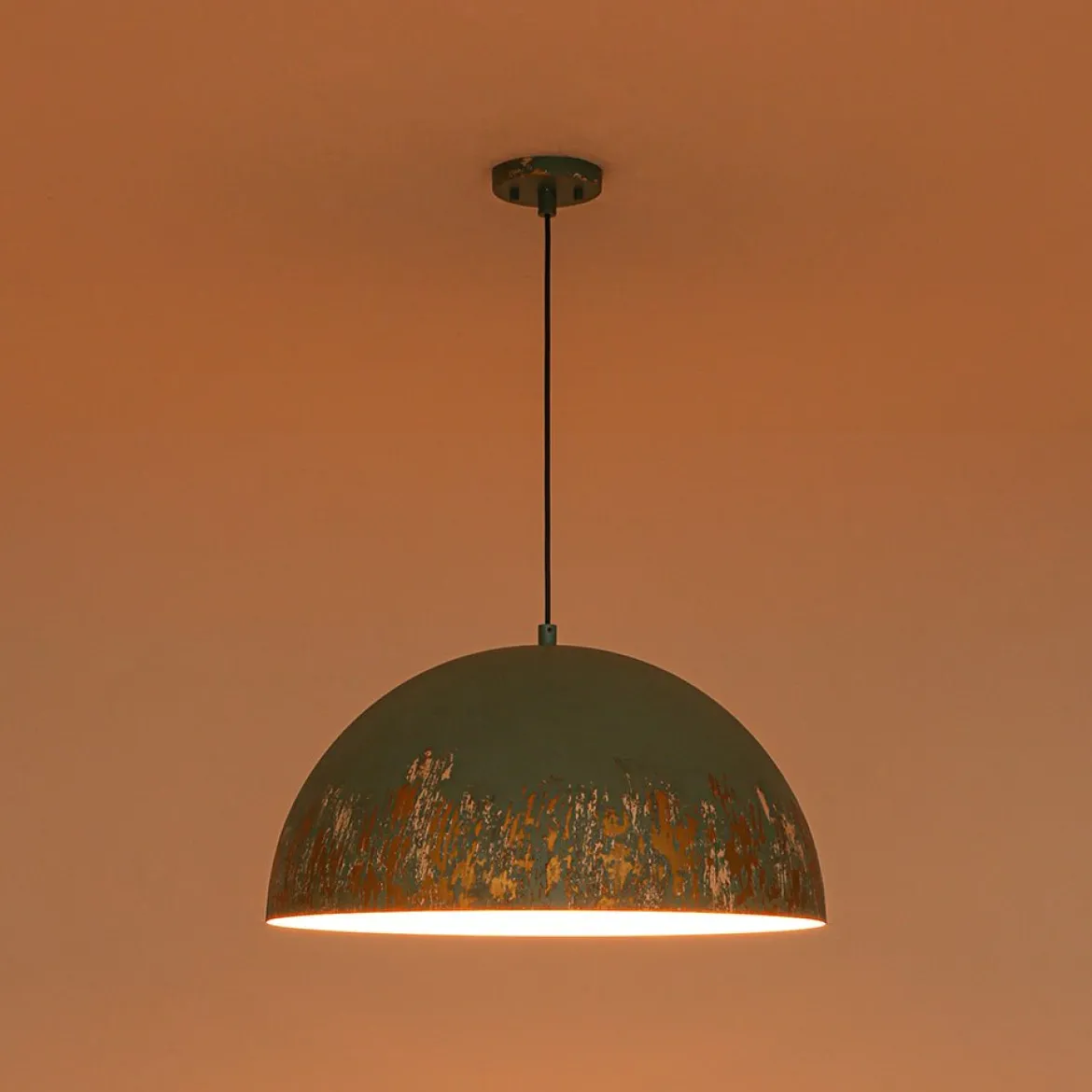 French Vintage Weathered Gilded Oversized Iron Dome Pendant