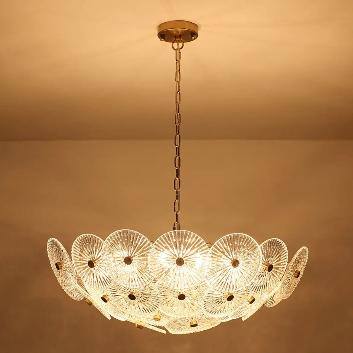 Glam Brass Ribbed Glass Floral Round Basket Chandelier