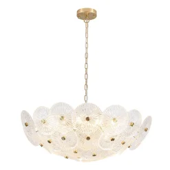 Glam Brass Ribbed Glass Floral Round Basket Chandelier