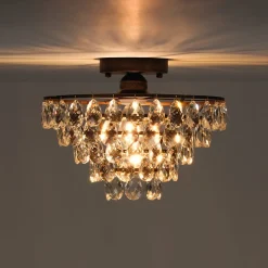 Glam Faceted Crystal Round Tiered Semi Flush Mount Light