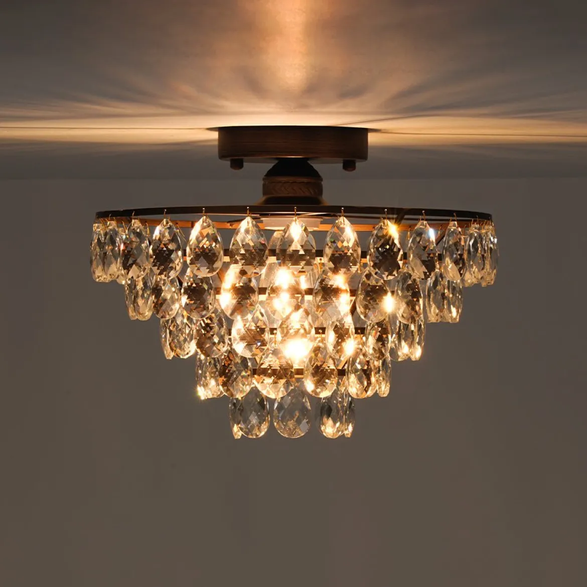 Glam Faceted Crystal Round Tiered Semi Flush Mount Light