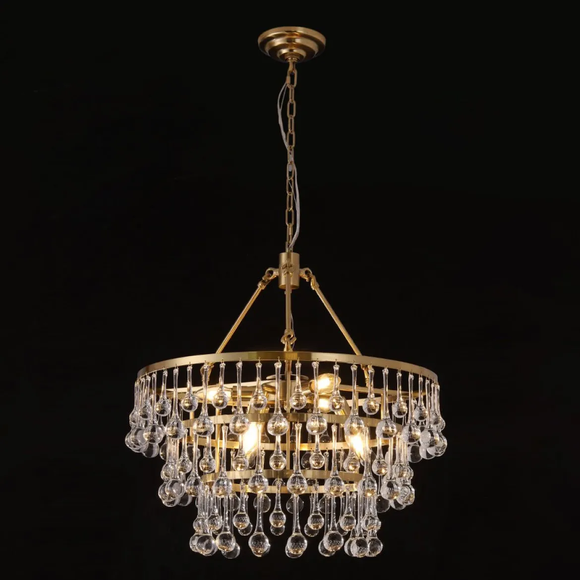 Glam Luxe Brass Tiered Crystal Raindrop Round Chandelier
