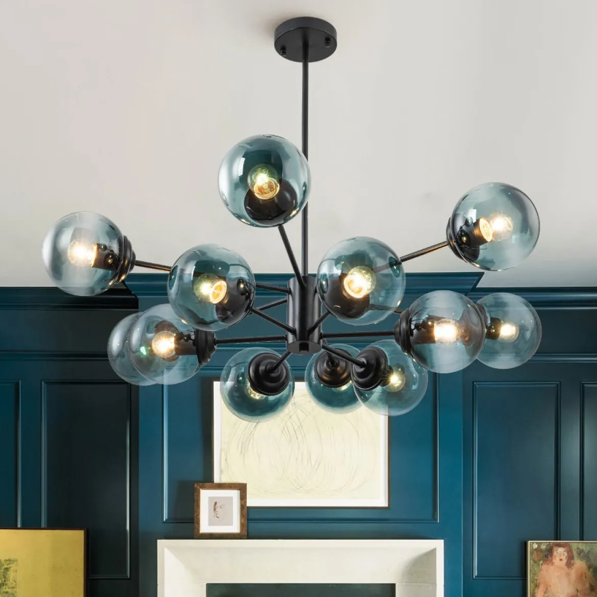 Glam Tiered Blue Glass Globe Bubble Sputnik Chandelier