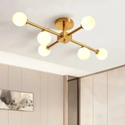 Gold Sputnik Frosted Glass Globe Semi Flush Mount Chandelier