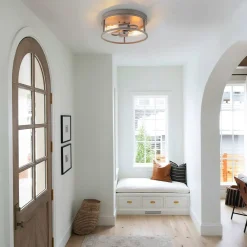 Grey Wood Grain Drum Cage Flush Mount Ceiling Light