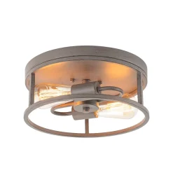 Grey Wood Grain Drum Cage Flush Mount Ceiling Light