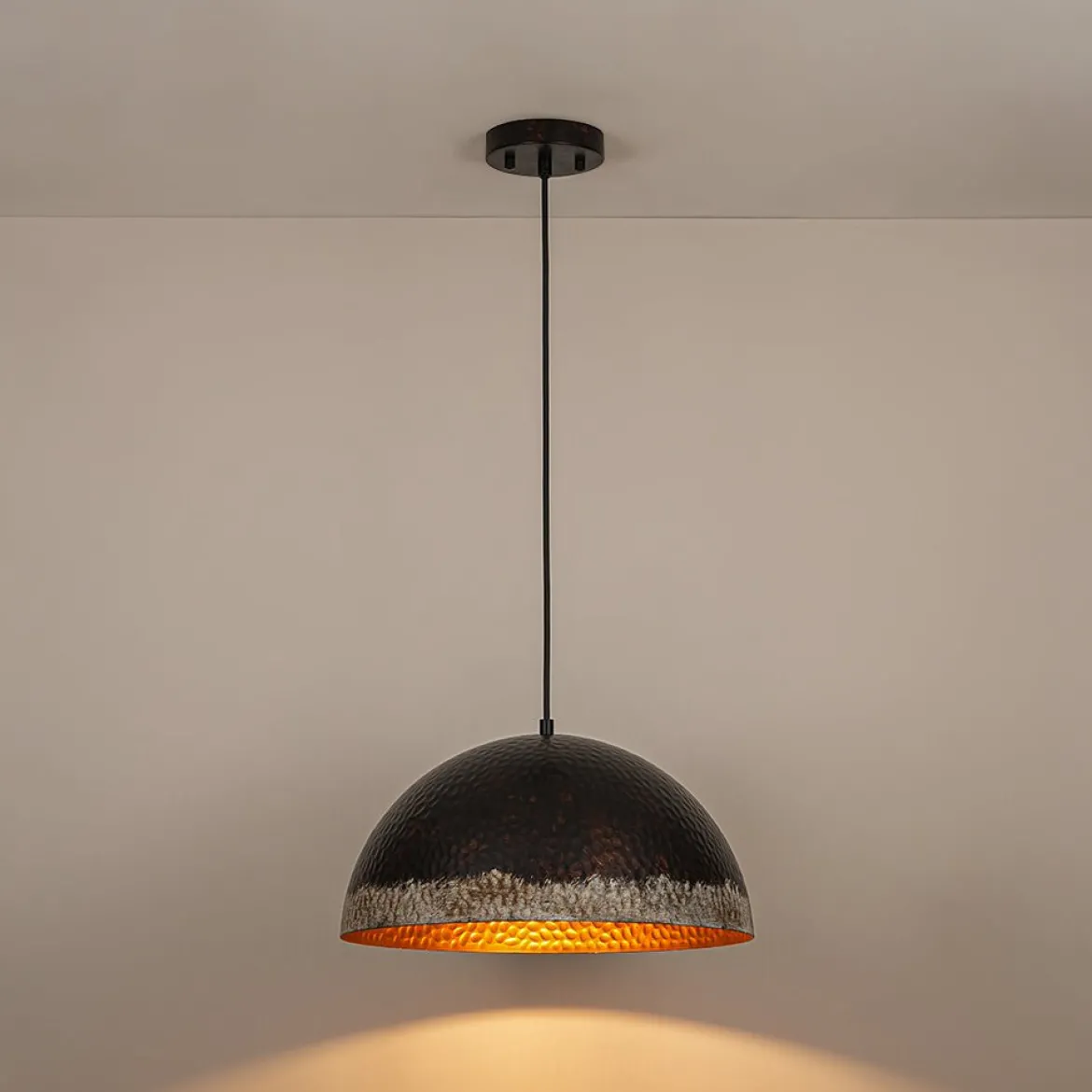 Industrial Dark Rusty Hammered Metal Dome Pendant