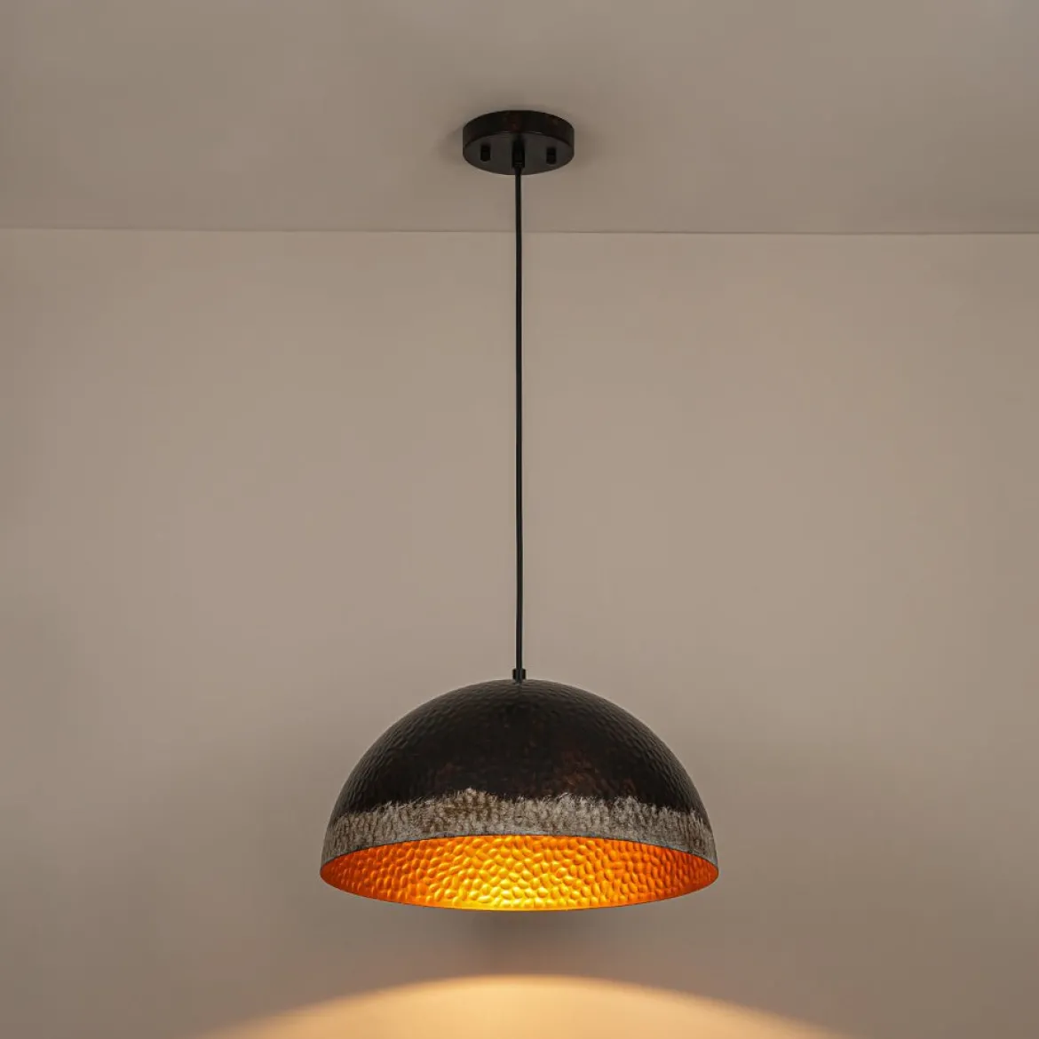 Industrial Dark Rusty Hammered Metal Dome Pendant
