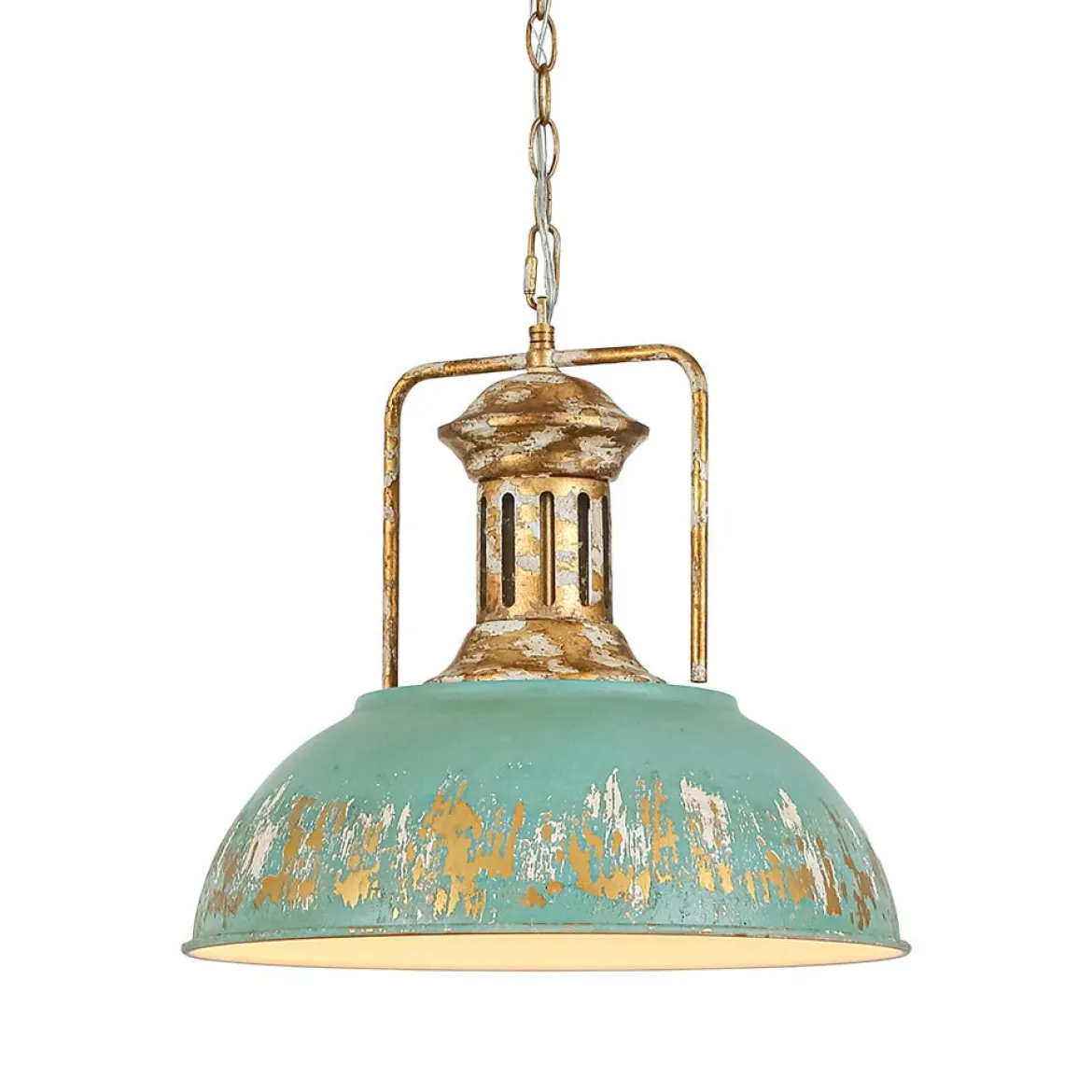 Industrial Farmhouse Distressed Teal Gold Metal Dome Pendant