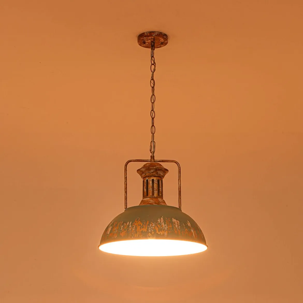 Industrial Farmhouse Distressed Teal Gold Metal Dome Pendant