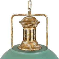 Industrial Farmhouse Distressed Teal Gold Metal Dome Pendant