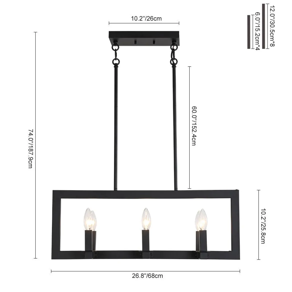 Industrial 6-Light Candle Style Black Rectangular Island Chandelier
