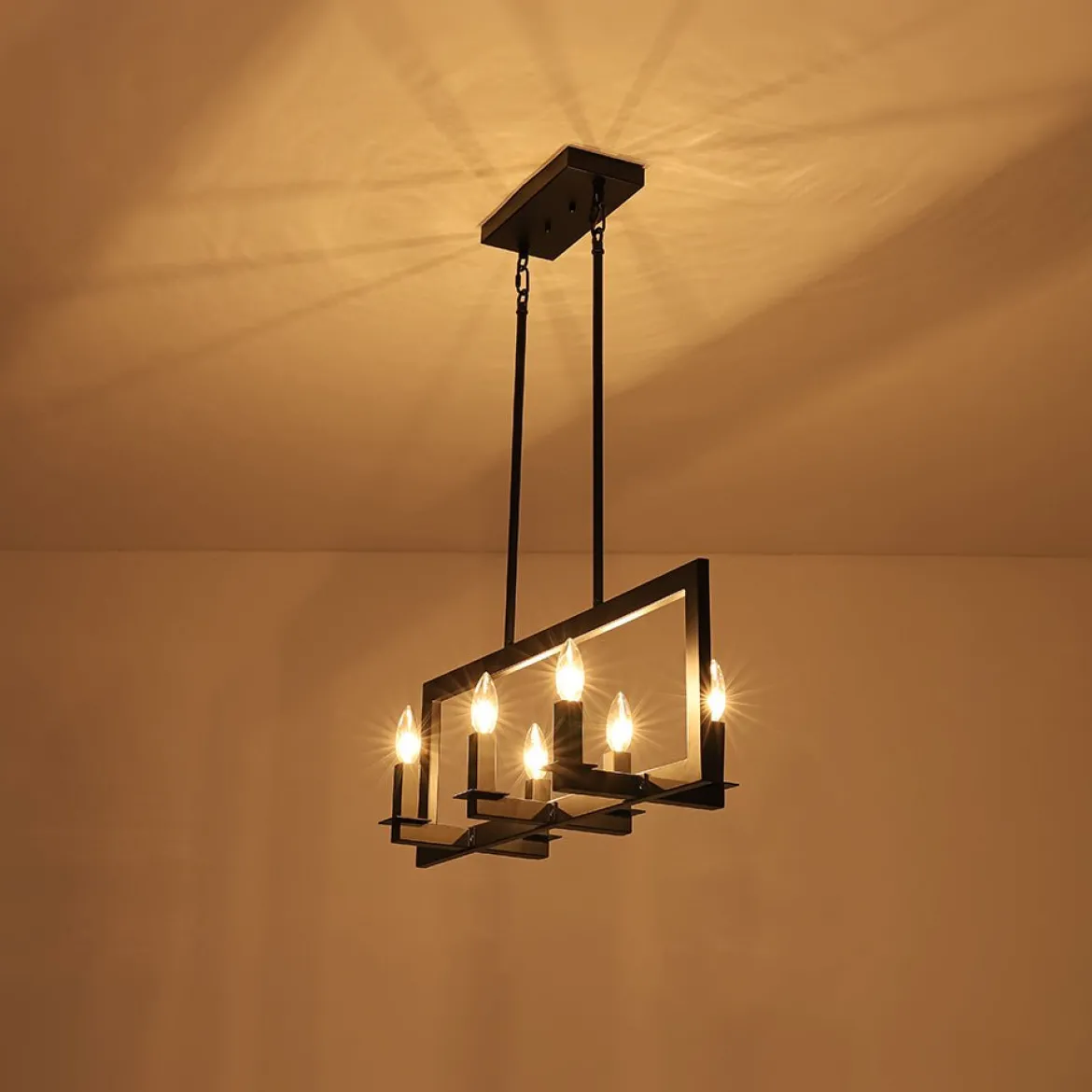Industrial 6-Light Candle Style Black Rectangular Island Chandelier